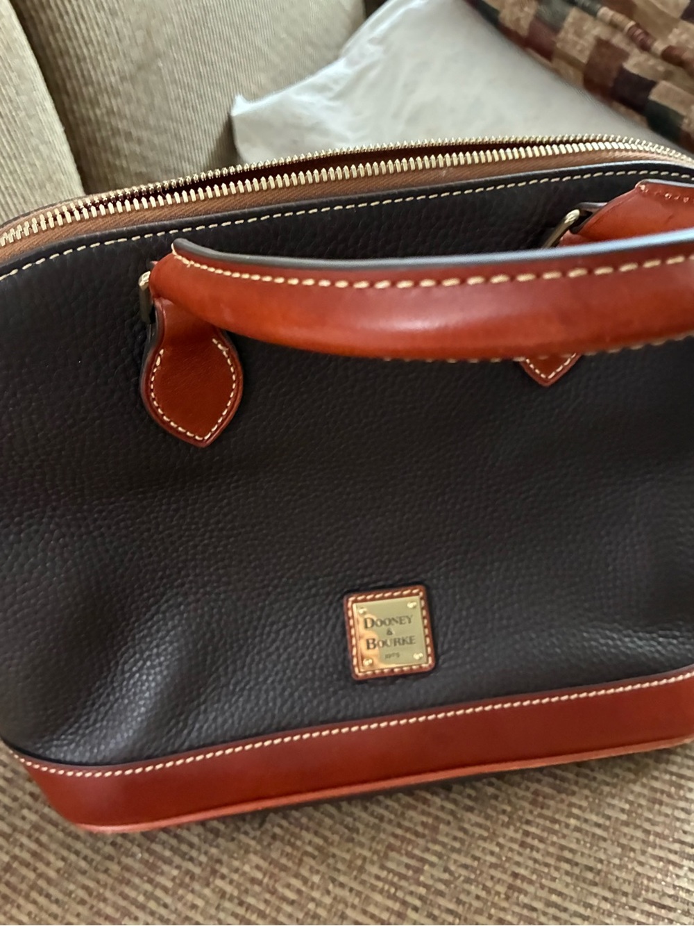 Dooney & Bourke Dark Brown Leather Dome Satchel with Tan Trim - Picture 2 of 7